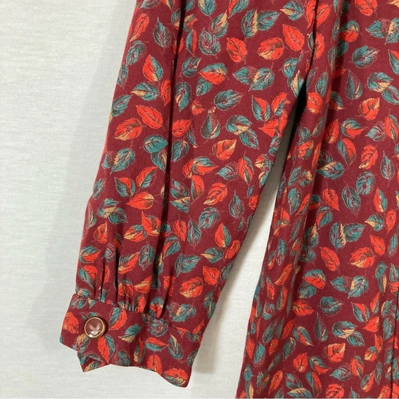 Vintage Red Burgundy Leaf Print Midi Dress size Large - Picture 4 of 9